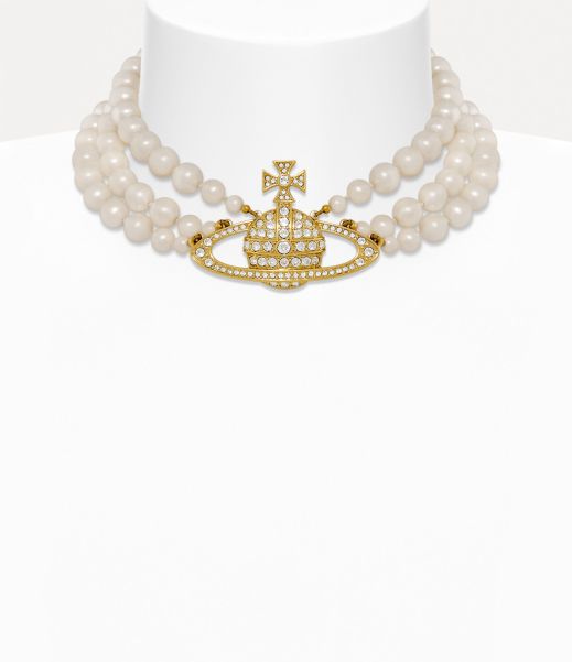 Gold/Pearl/Crystal Collane Three Row Pearl Bas Relief Choker Vivienne Westwood Sicurezza Donna