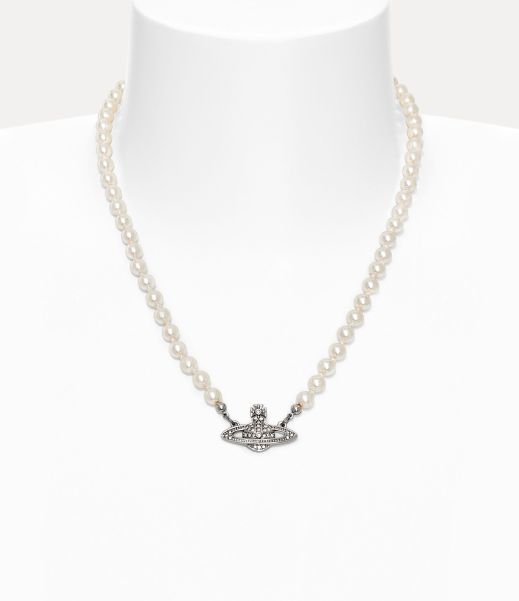 Collane Uomo Man. Mini Bas Relief Pearl Necklace Platinum / Cream Pearl / Crystal Sicurezza Vivienne Westwood